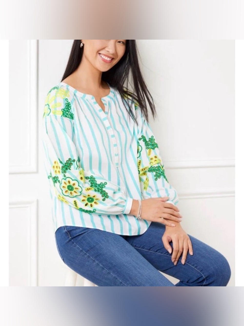 NWT Talbots Women's Striped Embroidered Long Sleeve Boho Blouse Top Large L NEW